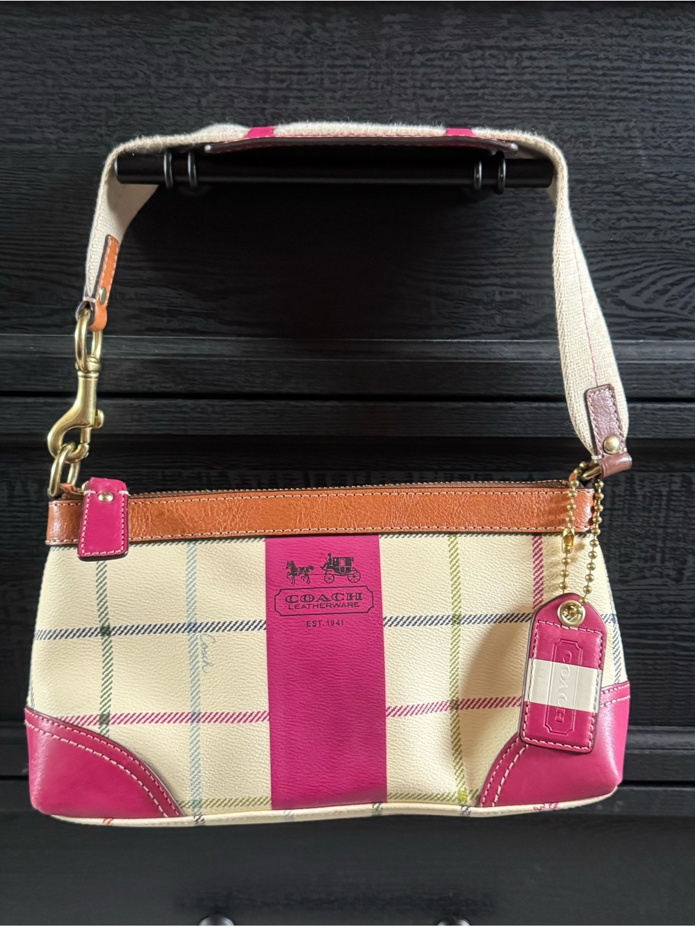 Coach Cream & Pink Plaid Shoulder Bag with Tan Trim